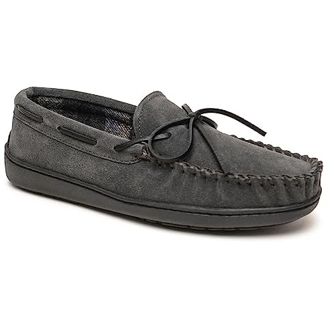 Minnetonka Plaid Lined Hardsole - Moccasin Slippers for Men Made with Suede Upper, Rubber Sole, Plush Interior, Fleece Lining, Rawhide Lace, and Traditional Moccasin Design, 11 M Charcoal Cover