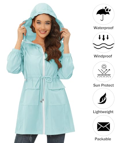 Women's Waterproof Rain Jacket with Hood Lightweight Packable Long Raincoat Windbreaker for Outdoor Activities2