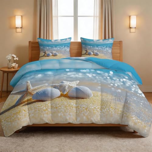 Edredón de 140 x 200 cm, estilo borde de mar playa, 3 piezas, edredón y 2 fundas de almohada, conchas estrellas mar nubes para cama individual, edredón para todas las estaciones, lavable a máquina