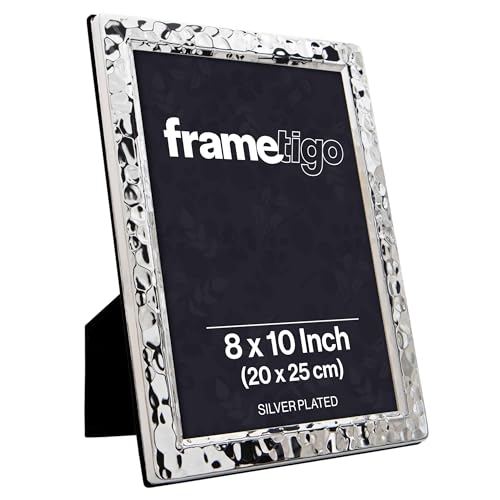 Image of Frametigo - Silver Plated Narrow Hammered Photo Frame, 8"x10" (20x25cm) Photo Size - Velvet Frame Backing & Stand - Real Glass Window - Tarnish Resistant - Landscape or Portrait Orientation
