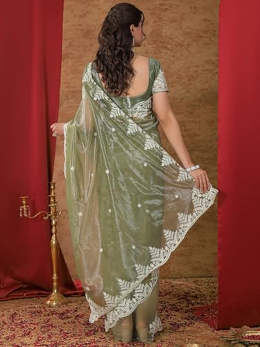Image of Satrani Women's Net Embroidery Saree with Unstitched Blouse Piece
