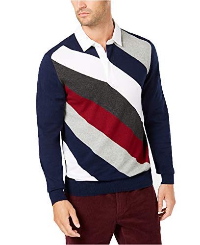 Club Room Mens Striped Rugby Polo Sweater, Blue, Large