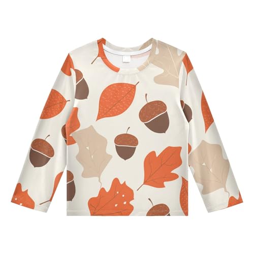 Acorn Autumn Leaves Beige Boy's Rash Guard Swim Shirt Long Sleeve Sun Shirt for Running Swiming Pool UPF50+