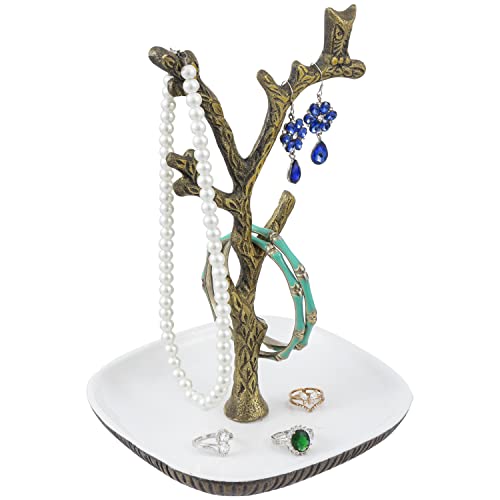 MyGift Tree Jewelry Stand, Deluxe Vintage Brass Tone Cast Aluminum Tree Branch and Owl Design Necklace Bracelet Earring Rack with Ring Dish - Handcrafted in India