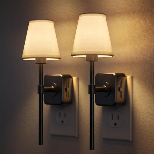Image of Briignite LED Night Lights Plug into Wall, 2 Pack Vintage Linen Fabric Lamp Cover Decorative Night Light, Dusk to Dawn Sensor, 0-100LM Dimmable Nightlight for Bedroom Living Room Hallway