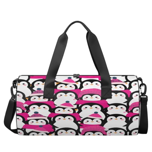 Penguin In Pink Sports Duffel Bag with Shoulder Strap, Large Capacity Gym Bag with Shoe Compartment, Water Resistant Travel Duffle Bag for Men Women Travel, Sports (17.6x9x9 Inch)