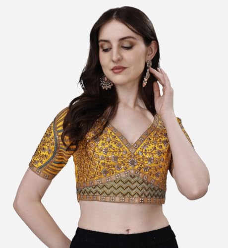 Image of Pujia Mills Mills Women's Fancy Readymade Heavy Coding Embroidary Worked Half Sleeve Multicolor Saree Blouse(Mushroom)