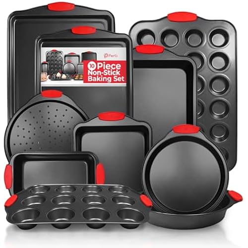 PERLLI Non-Stick 10-Piece Baking Pan Set, BPA-Free Carbon Steel Bakeware Set with Silicone Handles, Stackable Kitchen Oven Set, Cookie Sheet, Baking Tray, Baking Sheet Set, Oven Safe (446°F)