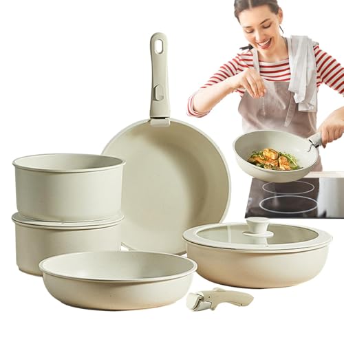 Sghtil - Batería de cocina antiadherente,Batería de cocina, Juego de cocina antiadherente crema, Juego de ollas seguras, juego de cocina antiadherente, juego de cocina RV mango