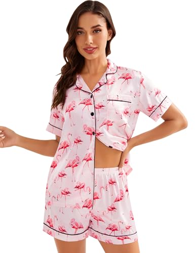 Image of LecGee Womens Silk Satin Pajamas Short Sleeve Loungewear Two-Piece Sleepwear Button-Down Pj Set