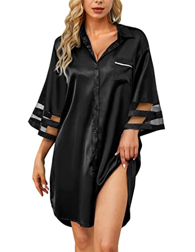 Women's Satin Nightgown Button Down 3/4 Sleeve Sleepwear Silk Night Gowns Nightshirt with Pocket