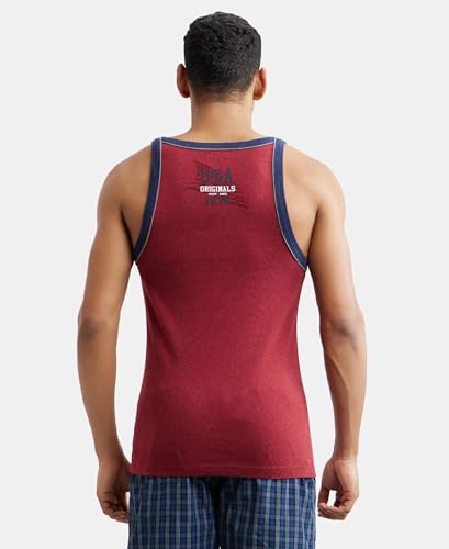 Image of Jockey US54 Men's Super Combed Cotton Rib Square Neckline Gym Vest with Back Panel Graphic Print (Shoulder Starp Color May Vary)