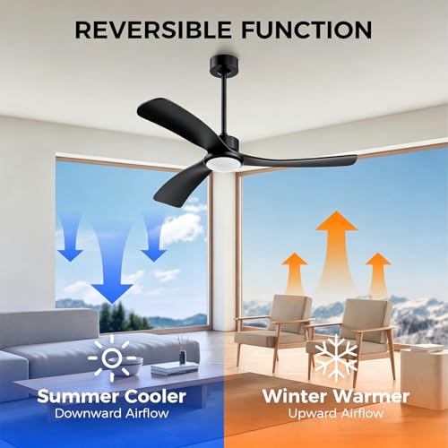 Image of Obabala 52 Inch Ceiling Fan with Light and Remote, 3 black Solid Wood Blades, DC Motor Quiet 35dB, Dimmable LED Reversible for Bedroom Living Room Indoor Outdoor, 6 Speed Timer Downrod