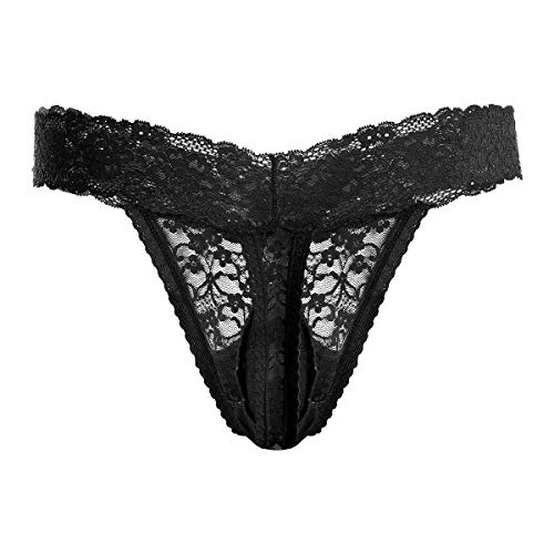 Ibakom Men'S Lace Frilly Sissy Thong Panties Sheer Mesh Bikini Briefs T-Back G-String Underwear Black Large thumb #2