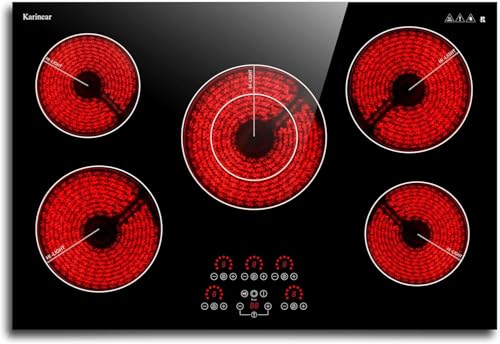 Karinear Placa vitrocerámica 5 fuegos, 77 cm, doble zona ampliable, autónomas de cerámica, control táctil independiente, pantalla digital, 40 A, 220 V~240 V, 8700 W, sin enchufe.