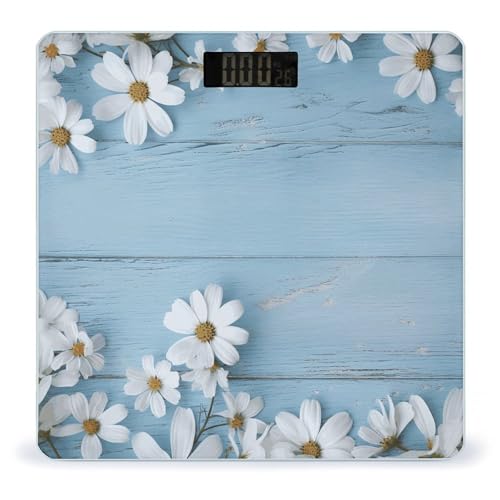 Báscula digital de baño con pantalla LED clara y plataforma azul