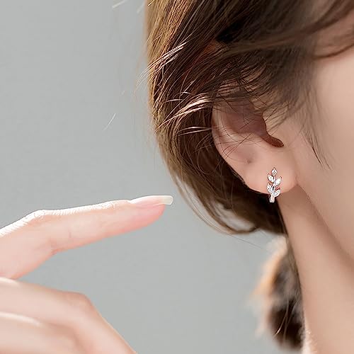 Reffeer Solid 925 Sterling Silver CZ Leaf Hoop Earrings Huggie for Women Teens Leaf Cartilage Hoop Earrings Helix Earrings3