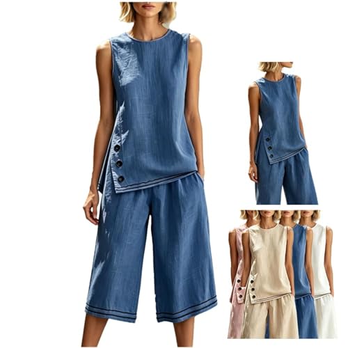 Conjunto de camiseta sin mangas mujer y pantalones pierna ancha botones