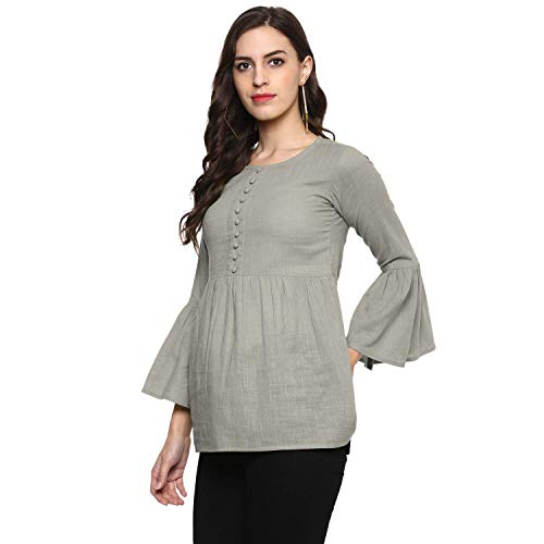 Image of Cotton Plain and Solid Bell Sleeve A-Line Short Round Neck Flared Tunic Top for Girls Women