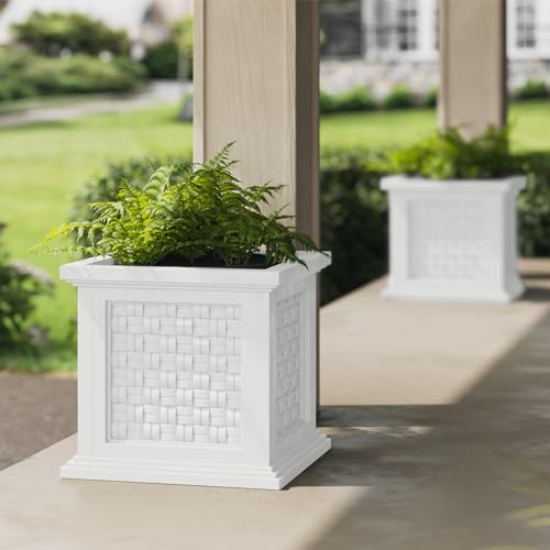 Rattan Style Outdoor Planter Box - 14.65-Inch-Square Decorative Flower or Plant Pot - Garden, Patio and Front Porch Decor by Pure Garden (White) by Pure Garden - Used condition - Image 6