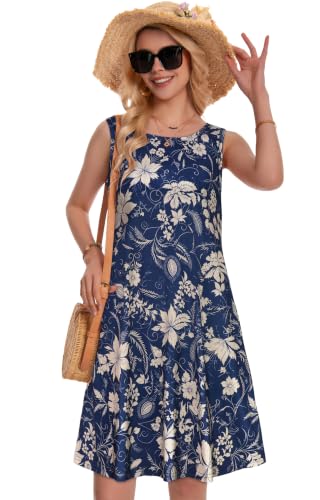 Image of elescat Summer Dresses for Women Boho Sleeveless Pocket Tshirt Sundresses | Two Hidden Pockets, Solid or Floral, Casual Flowy A Line, Loose Beach Cover Up, 2026 Fashion Vintage Outfits, Vacation Crusie