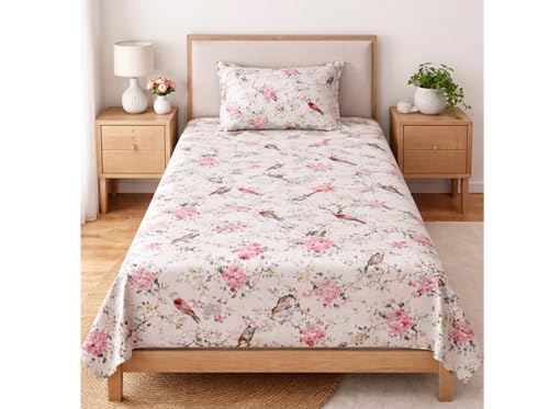 Image of Linen & Loom The Natural Collection - 100% Pure Cotton Single Bedsheet (60 x 90 Inches) with 1 Pillow Cover | 240 TC - Soft & Breathable Cotton Bed Sheet for Bedroom (Pink Blossom Aviary)