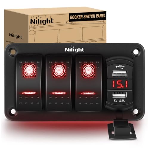 Nilight 3 Gang Rocker Switch Panel Green Backlit with 4.8 Amp Dual USB Charger Voltmeter Waterproof 12V 24V DC Night Glow Stickers for Cars Trucks Boats RVs