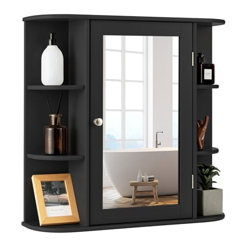 COSTWAY Spiegelschrank Bad, 4 Fächer & 6 offene Ablagen, Badezimmerschrank mit Spiegel, Badschrank hängend, Badezimmer Hängeschrank, Holz, 66 x 17 x 63cm (Schwarz)