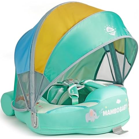 Mambobaby Float with Canopy Size Improved Non Inflatable Infant Baby Pool Float Smart Mambo Float Swim Trainer Add Tail Baby Swim Float Mambo Baby Float Solid Air Free Water Waist Swimming Ring Cover