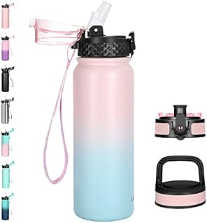 Stainless Steel Water Bottle Sports Flask Vacuum Insulated Bottle 600ML Water Bottle with Straw Double Walled and BPA Free Drinks Bottle 3 Lids for Work, Gym, Travel and Sports (Stainless Steel)