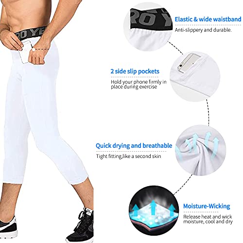 Eargfm Men's 3 / 4 One Leg Capri Basketball Athletic Running Compression Active Elastic Sports Pants, White, X-Large #TOP3