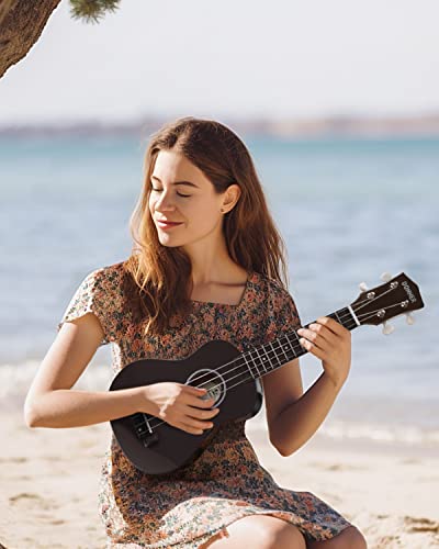 Image of Donner Soprano Ukulele for Beginners 21 Inch Ukelele Starter Bundle Kit with Free Online Lessons Bag Strap String Tuner Picks Cloth Ukalalee Yukalalee (Black)