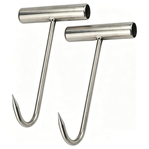 Tinsow 2pcs Stainless Steel T Hooks T Handle Meat Boning Hook for Kitchen Butcher Shop Restaurant BBQ Tool