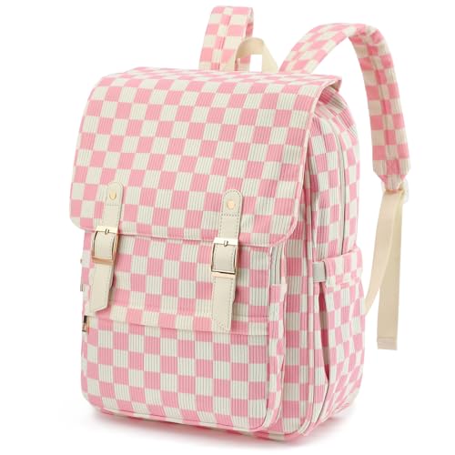 Image of Women Laptop Backpack, Corduroy 15.6 inch Travel Backpack for Work College Business, Teacher Nurse Bag with Large Capacity School Bookbag Bags for Girls - Checkered Pink