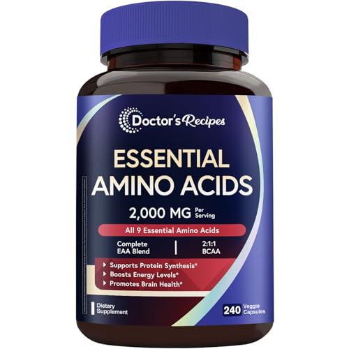 Doctor's Recipes Essential Amino Acids Supplement, All 9 Essential Amino Acids (EAA), BCAA 2:1:1, 240 Veggie Capsules
