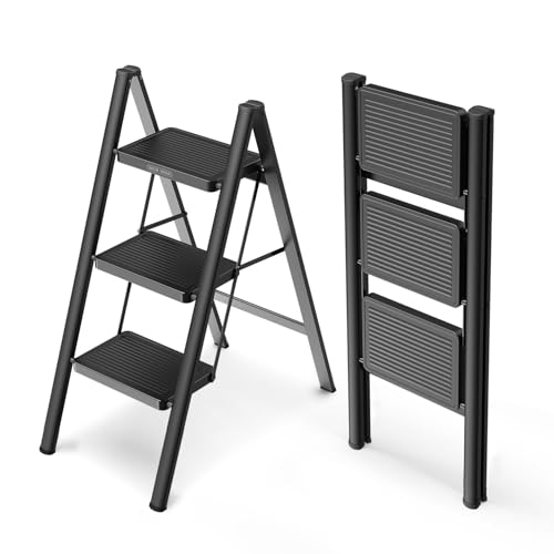 WOA WOA 3 Step Ladder, Folding Step Stool with Non-Slip Pedals, Portable Stepping Stool for Adults, Sturdy Steel Ladder, Space Saving for Home, Anti Skid Feet, Support 330lbs - Black