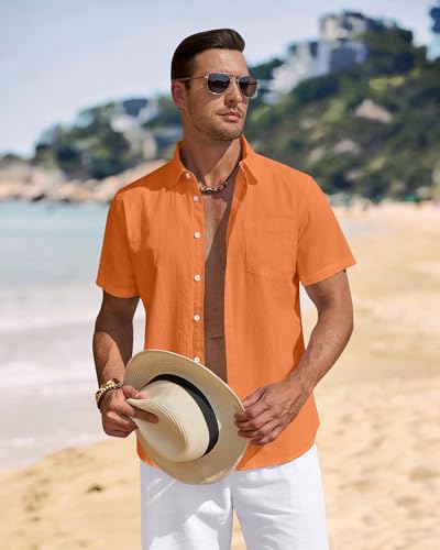Image of J.VER Mens Linen Shirt Short Sleeve Button Down Casual Summer Shirts | Cotton Linen, Untucked, Big Tall, from Beach Camp Vacation, Cruise Fishing, Work Office, to Wedding Party Family, with Pocket
