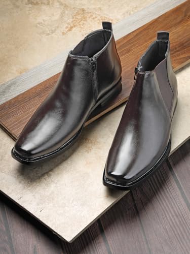 Image of Men's Stylish Vegan Leather Chelsea Boots with Side Zipper & Elastic Panel, Square Toe Ankle Boot (Tan /Black /Brown)