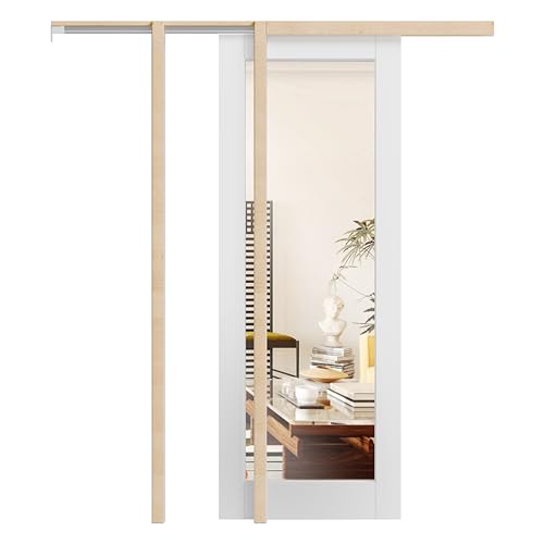 Image of Sliding Pocket Door 32 inch x 80 inch, 1-Lite Mirror Panel with Frame and Hardware Kit Set, Interior & Closet Single Finished Door Slab, White Primed