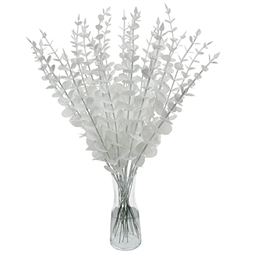 Image of Tinsow 26 Pcs Artificial Eucalyptus Stem Bulk Faux Eucalyptuses Real Touch Leaf Wedding Bouquet Centerpiece Home Decor (White, 26)