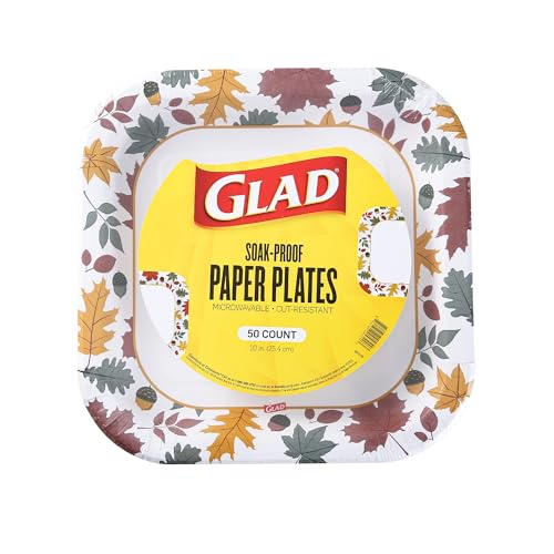 Glad Square Disposable Paper Plates, Falling Foliage Pattern - Strong, Sturdy, Soak Proof, and Microwavable Decorative Plates for Dinner and Everyday Use, 10 Inch, 50 Count