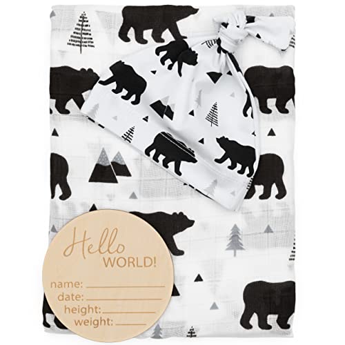 Image of Organic Muslin Swaddle Blanket and Hat Set - Soft Organic Cotton and Natural Bamboo Swaddling Blanket with Hello World Birth Announcement Card, Baby Bear Woodland, 47" X 47"