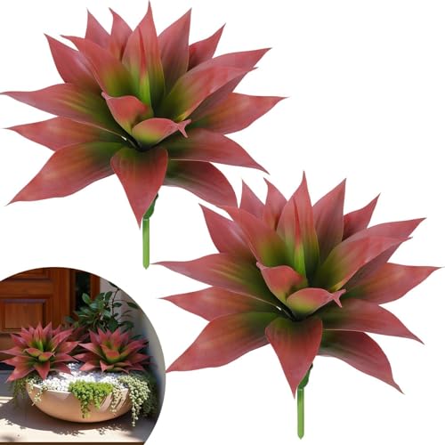 Zythrem 14 Inch Agave Artificial Outdoor Plants - Large UV Resistant Faux Succulents Indoor No Pot Realistic Red Fake Agave Plant for Front Porch Planter Yard Garden (2PCS)