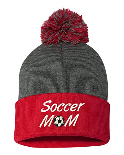 Go All Out One Size Dark Heather Grey/red Pom Soccer Mom Embroidered Knit Beanie Pom Cap