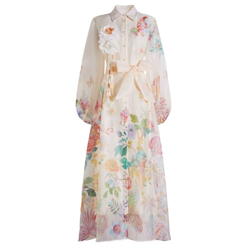 CHICWISH Women Spring Floral Print Chiffon Maxi Dress Collared Long Sleeve Blossom Brooch Button Belted Vacation Long Dress Cream