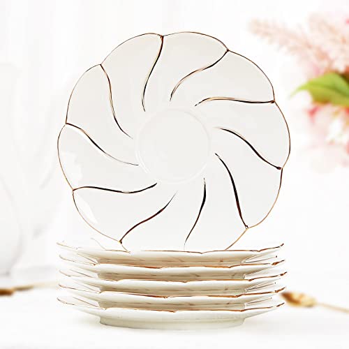 DUJUST Lot de 6 Soucoupes à thé en Porcelaine, 15,2 cm, Soucoupes à Café de Luxe de Style Britannique avec Bordure Dorée, Belles Soucoupes à thé pour Décoration de Chambre, thé, Cadeau – Blanc