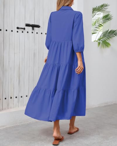 Image of Women Button Down Maxi Shirt Dress Long Sleeve Flowy Tiered Collared Dresses with Pockets