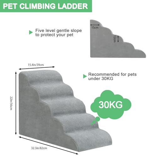 5 Stufen Hundetreppe für Bett und Sofa, LIANTRAL Haustiertreppe mit strapazierfähigem hochdichtem Schaumstoff und waschbarer Bezug und Tierhaarentferner-Rolle, reduziert Stress auf Tiergelenke, Grau