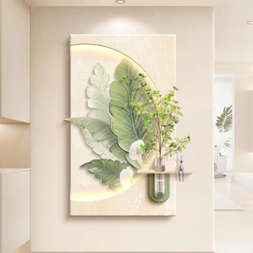 Plantes vertes artificielles en vase avec déco murale 3D lumineuse grand format 80x120