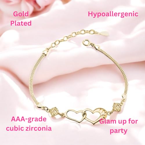 Image of Nilu's Collection Double Heart Shape Cubic Zirconia Charm Bracelet, Love Bracelet for Women and Girls, Valentine's Day Gift